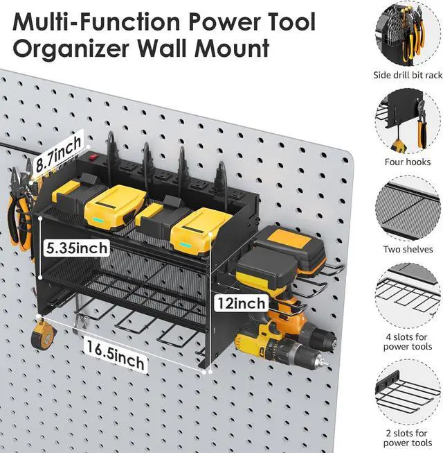 Alt view image 5 of 7 - CCCEI Modular Power Tool Organizer Wall Mount Charging Station, Black 6 Drills Holder with 8 Plug Power Strip, Garage Drill Battery Heavy Duty Metal Shelf, Utility Rack with Hooks, Side Storage.