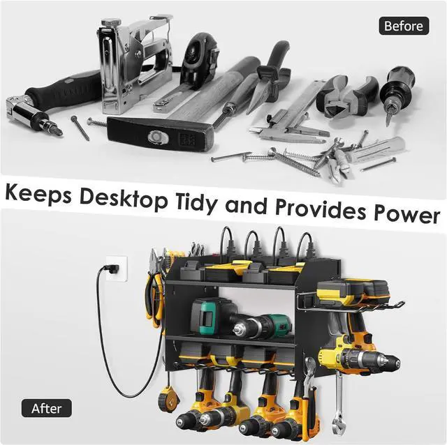Alt view image 4 of 7 - CCCEI Modular Power Tool Organizer Wall Mount Charging Station, Black 6 Drills Holder with 8 Plug Power Strip, Garage Drill Battery Heavy Duty Metal Shelf, Utility Rack with Hooks, Side Storage.