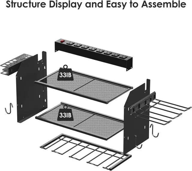 Alt view image 6 of 7 - CCCEI Modular Power Tool Organizer Wall Mount Charging Station, Black 6 Drills Holder with 8 Plug Power Strip, Garage Drill Battery Heavy Duty Metal Shelf, Utility Rack with Hooks, Side Storage.