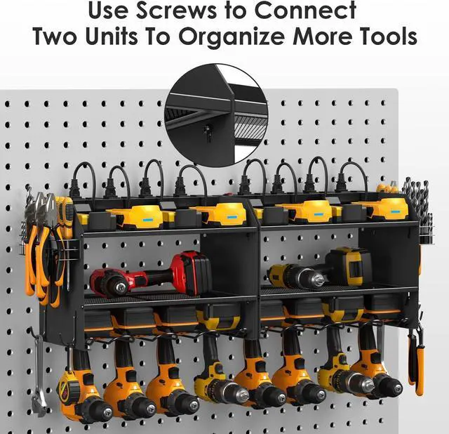 Alt view image 7 of 7 - CCCEI Modular Power Tool Organizer Wall Mount Charging Station, Black 6 Drills Holder with 8 Plug Power Strip, Garage Drill Battery Heavy Duty Metal Shelf, Utility Rack with Hooks, Side Storage.