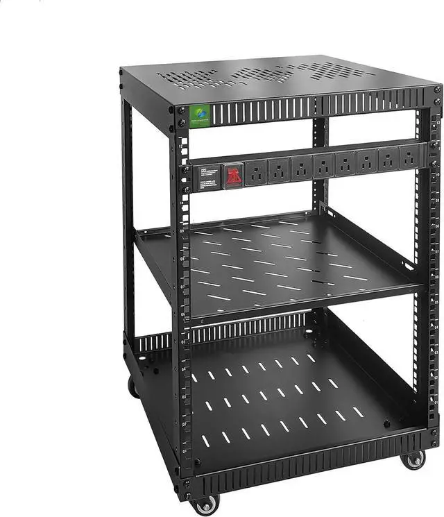 Main image of RIVECO 12U Network Rack with Reinforced Top Cover - 4 Post Floor Rack on Wheels for 19" Equipment & Stereo Gear- Including Rack Mount Power Strip & 1PCS 1U Rack Shelf