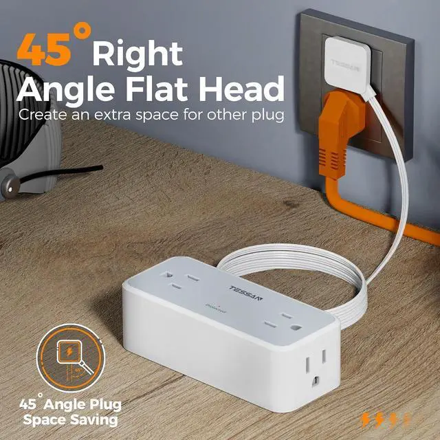 Alt view image 7 of 7 - TESSAN Extension Cord 5 FT, Power Strip with 900J Surge Protection, Grey | 4 AC Outlets, Flat Plug, Multiple Wall Outlet Extender Suitable for Office Dorm