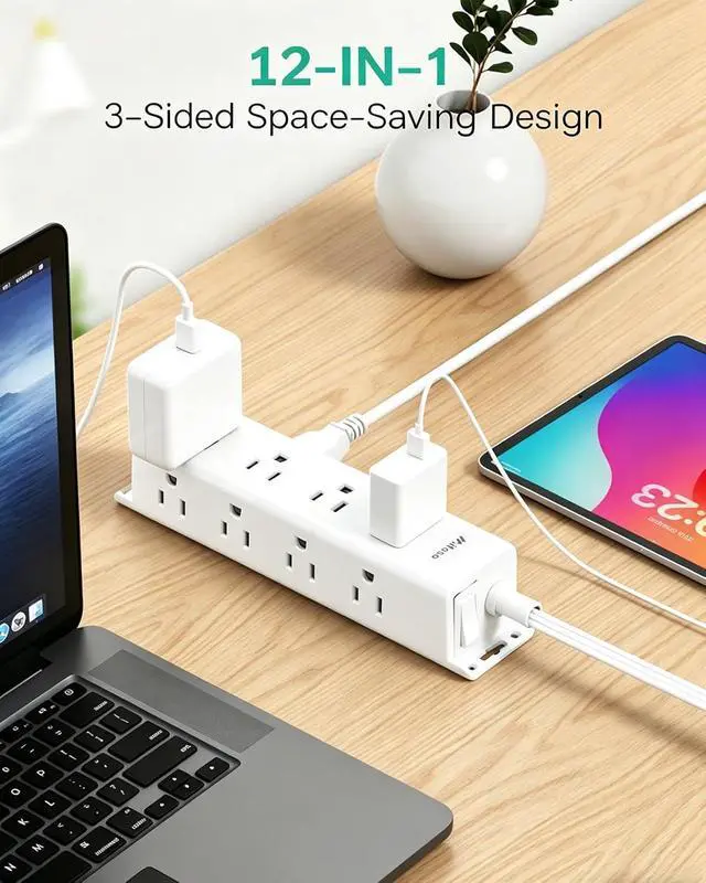 Alt view image 2 of 7 - Surge Protector Power Strip, 12 Wide Spaced Multi Outlets, Wall Mount | 3 Side Outlet Extender with Extension Cord, Flat Plug, Overload Protection, Home Office Dorm Room Essentials (5FT, White)