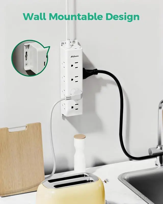 Alt view image 3 of 7 - Surge Protector Power Strip, 12 Wide Spaced Multi Outlets, Wall Mount | 3 Side Outlet Extender with Extension Cord, Flat Plug, Overload Protection, Home Office Dorm Room Essentials (5FT, White)