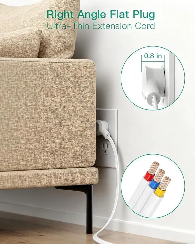 Alt view image 4 of 7 - Surge Protector Power Strip, 12 Wide Spaced Multi Outlets, Wall Mount | 3 Side Outlet Extender with Extension Cord, Flat Plug, Overload Protection, Home Office Dorm Room Essentials (5FT, White)