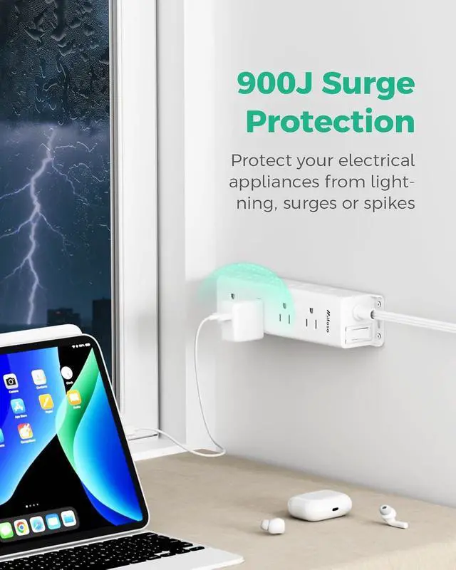 Alt view image 5 of 7 - Surge Protector Power Strip, 12 Wide Spaced Multi Outlets, Wall Mount | 3 Side Outlet Extender with Extension Cord, Flat Plug, Overload Protection, Home Office Dorm Room Essentials (5FT, White)