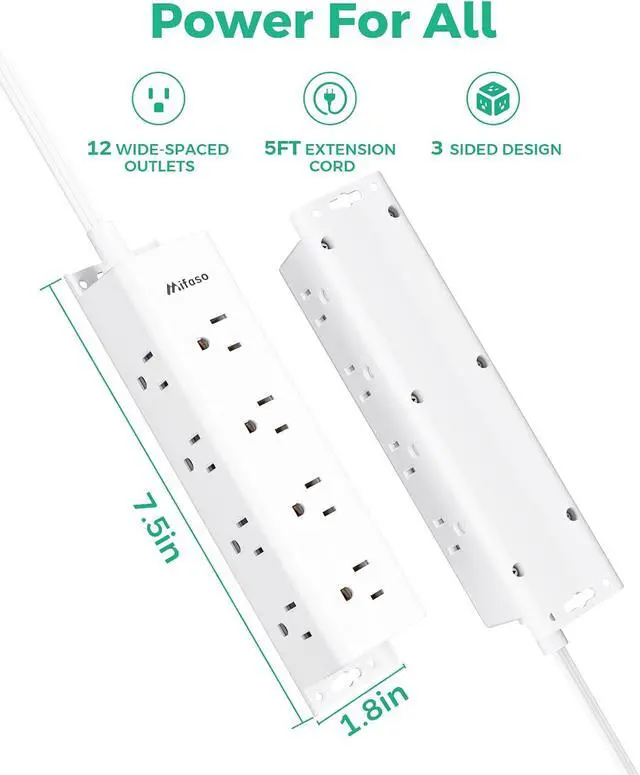 Alt view image 7 of 7 - Surge Protector Power Strip, 12 Wide Spaced Multi Outlets, Wall Mount | 3 Side Outlet Extender with Extension Cord, Flat Plug, Overload Protection, Home Office Dorm Room Essentials (5FT, White)