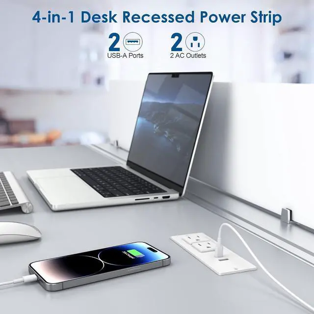 Alt view image 2 of 7 - Conference Recessed Power Strip Socket 6.56Ft Cord,Desktop Power Grommet Power Strip with 2-Outlet & 2 USB Ports,Furniture Flush Mount Charging Station,Desk Outlet for Side Table or End Table(White)