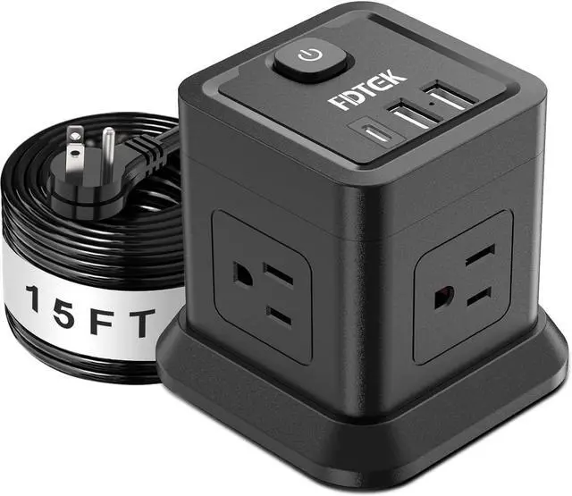 Main image of FDTEK 15 FT Extension Cord Power Strip USB C, 4 Outlets 3 USB Ports Black | 15ft Extra Long Extension Cord Widely Spaced Outlets Flat Plug Power Strip with USB for Home Office & Dorm Room ETL Listed