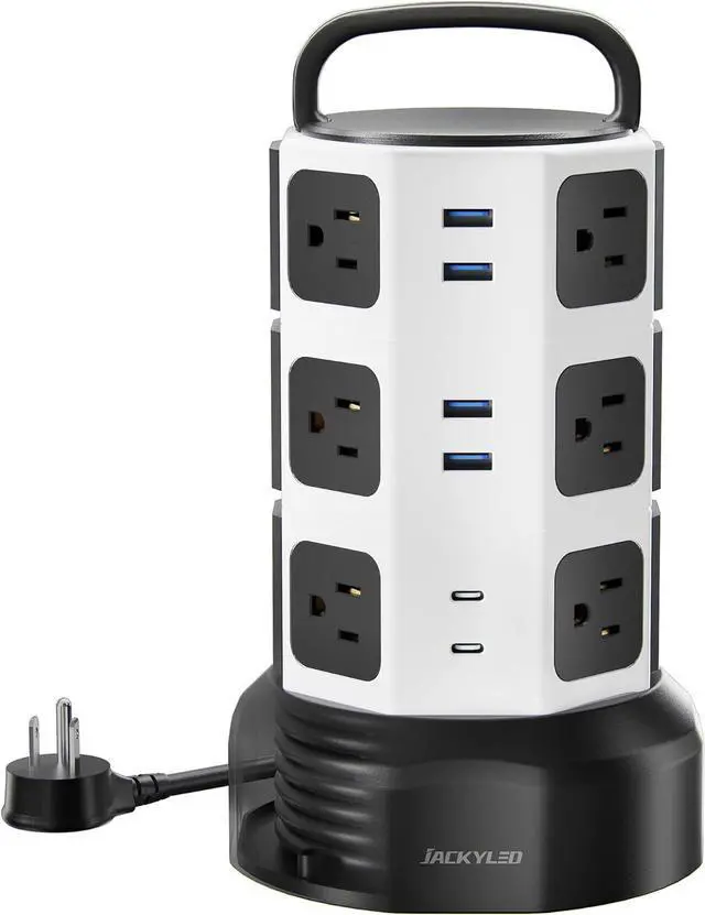 Main image of JACKYLED Power Strip Tower Surge Protector, 12 AC 6 USB (2 USB C), 1050J | Retractable Extension Cord with Multiple Outlets, 1625W/13A Outlet Extender, USB Charging Station for Home Office Dorm