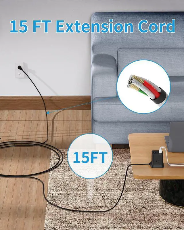 Alt view image 3 of 7 - FDTEK 15 FT Extension Cord Power Strip USB C, 4 Outlets 3 USB Ports Black | 15ft Extra Long Extension Cord Widely Spaced Outlets Flat Plug Power Strip with USB for Home Office & Dorm Room ETL Listed
