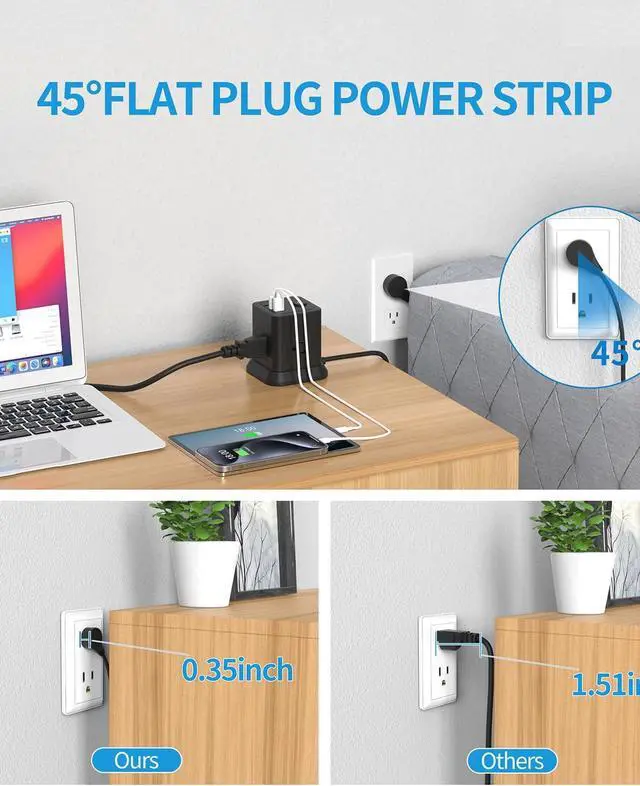 Alt view image 5 of 7 - FDTEK 15 FT Extension Cord Power Strip USB C, 4 Outlets 3 USB Ports Black | 15ft Extra Long Extension Cord Widely Spaced Outlets Flat Plug Power Strip with USB for Home Office & Dorm Room ETL Listed