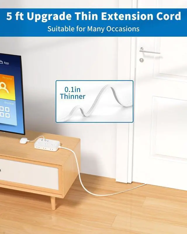 Alt view image 5 of 7 - Surge Protector Power Strip with 6 Outlets 4 USB Port, 5 Ft Flat Plug Extension Cord Outlet Extender, White Extension Cord with Multiple Outlets for Indoor, Home, Office Supplies, Dorm Room Essentials