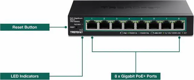 Alt view image 3 of 7 - TRENDnet 8-Port Gigabit EdgeSmart PoE+ Switch, TPE-TG82ES | Desktop Switch, wall mountable, compact, Lifetime Protection, Black