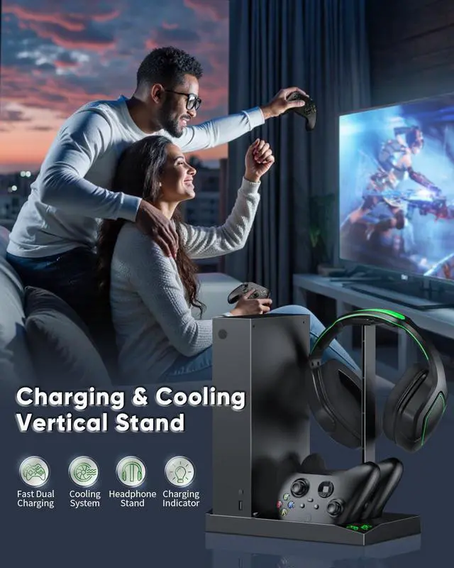 Alt view image 7 of 7 - Charger Stand with Cooling Fan for Xbox Series S Console and Controller,Vertical Dual Charging Dock Accessories with 2 x 1400mAh Rechargeable Battery and Cover, Earphone Bracket for XSS(Black)