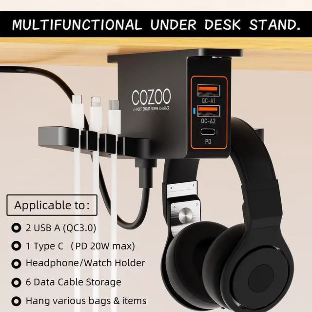 Alt view image 3 of 7 - Desk Headphone Holder Hook Headset Watch Cable Bag Storage Black | 2 USB-A & 1 Type-C Ports; Holds Headphones,Watches, Cables, Various Bags,Multifunctional Desk Storage Hook for Gaming Office