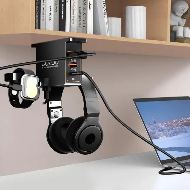 Alt view image 2 of 7 - Desk Headphone Holder Hook Headset Watch Cable Bag Storage Black | 2 USB-A & 1 Type-C Ports; Holds Headphones,Watches, Cables, Various Bags,Multifunctional Desk Storage Hook for Gaming Office