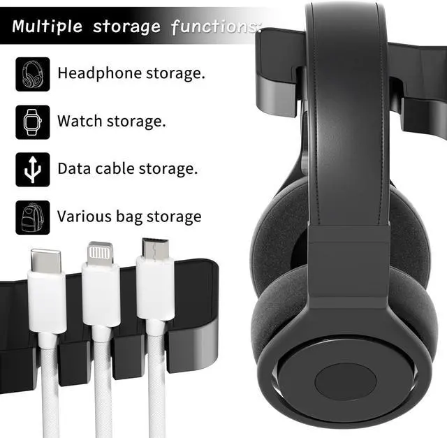 Alt view image 5 of 7 - Desk Headphone Holder Hook Headset Watch Cable Bag Storage Black | 2 USB-A & 1 Type-C Ports; Holds Headphones,Watches, Cables, Various Bags,Multifunctional Desk Storage Hook for Gaming Office