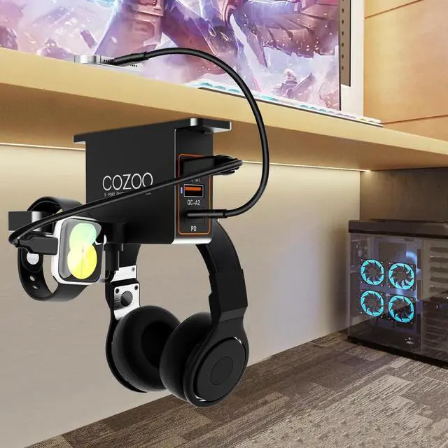 Alt view image 7 of 7 - Desk Headphone Holder Hook Headset Watch Cable Bag Storage Black | 2 USB-A & 1 Type-C Ports; Holds Headphones,Watches, Cables, Various Bags,Multifunctional Desk Storage Hook for Gaming Office