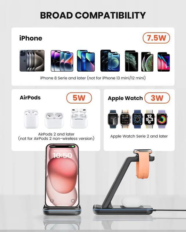 Alt view image 5 of 6 - GEEKERA 3 in 1 Wireless Charging Station, Foldable Wireless Charger Stand for Multiple Apple Devices for iPhone 17 16-8, Apple Watch Ultra//11/10/9/SE/8/7/6/5, AirPods Pro/4/3/2