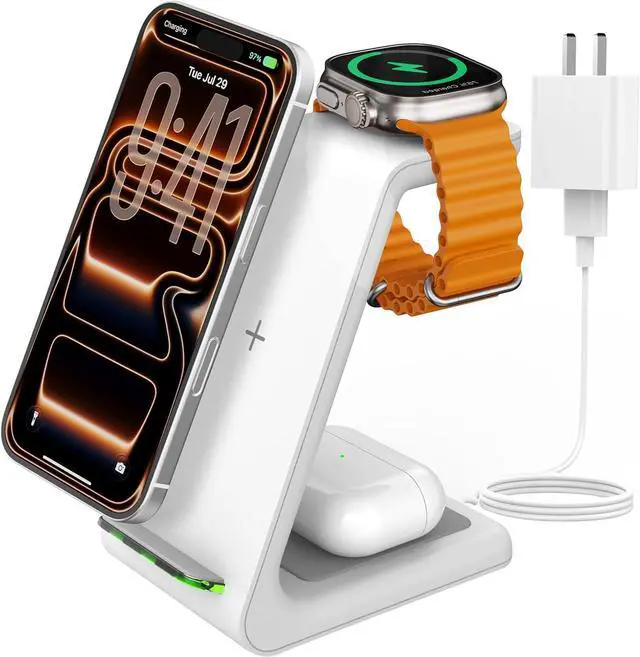 Main image of Charging Station for iPhone and Apple Watch: 3 in 1 Wireless Phone Charger Stand for iPhone 17 16 15 14 13 12 11 Pro Max & AirPods, Bedside Nightstand Docking