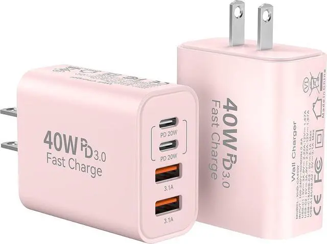 Main image of USB C Fast Charger Block, 40W USBC Wall Charger Plug 4Port Type C Phone Charging Cubes Power Adapter Multiport Brick for iPhone 17/16/15/14/13/12/11/Pro Max/Plus/Air, iPad mini/Pro, Galaxy S25, 2Pack