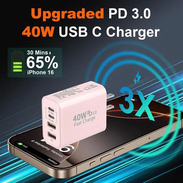 Alt view image 2 of 6 - USB C Fast Charger Block, 40W USBC Wall Charger Plug 4Port Type C Phone Charging Cubes Power Adapter Multiport Brick for iPhone 17/16/15/14/13/12/11/Pro Max/Plus/Air, iPad mini/Pro, Galaxy S25, 2Pack