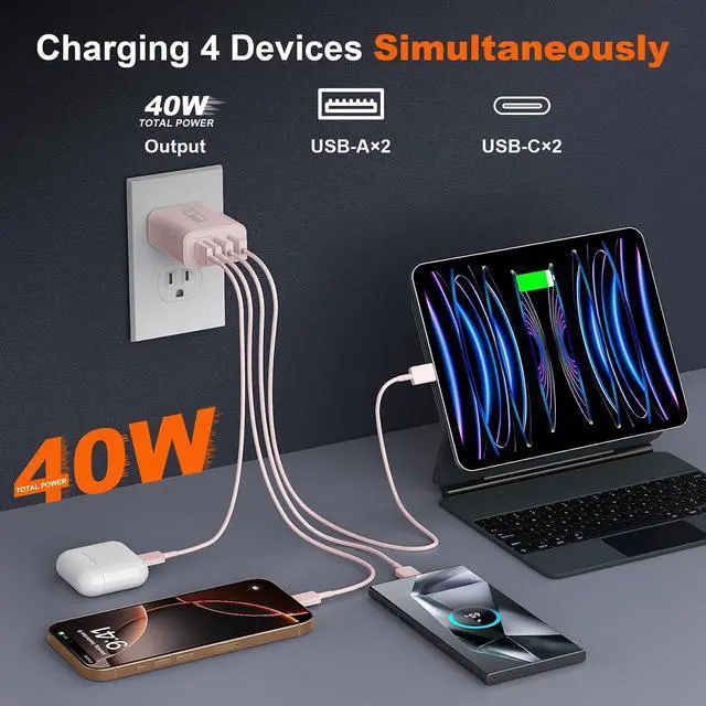 Alt view image 3 of 6 - USB C Fast Charger Block, 40W USBC Wall Charger Plug 4Port Type C Phone Charging Cubes Power Adapter Multiport Brick for iPhone 17/16/15/14/13/12/11/Pro Max/Plus/Air, iPad mini/Pro, Galaxy S25, 2Pack