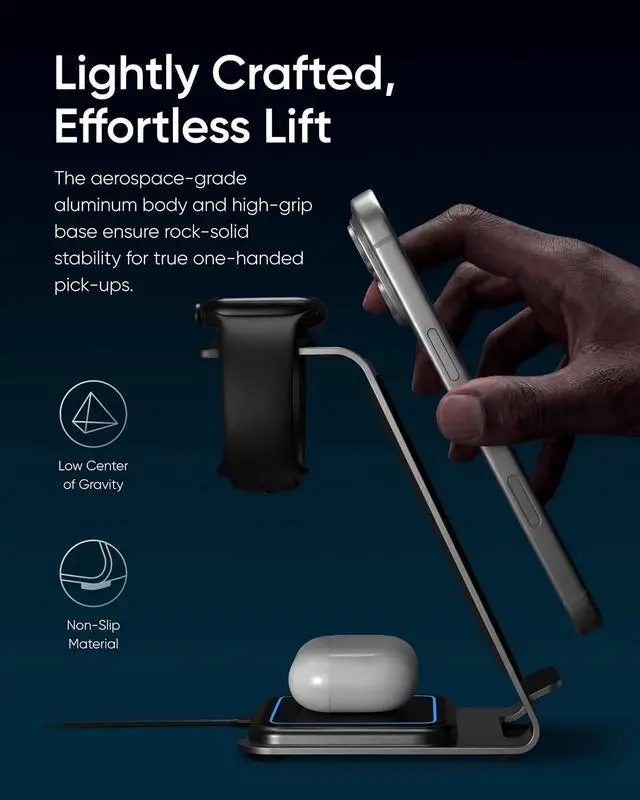 Alt view image 4 of 7 - Intoval Aluminum 3 in 1 Wireless Charging Station for iPhone 17 16 15 14 13 12 11 Pro Max XR, Wireless Charger for Apple Watch 11 10 9 8 7 Ultra SE 3 2, Phone Charger for AirPods 4 Pro 2 3 (Pink)