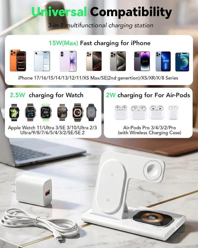Alt view image 2 of 7 - 3 in 1 Foldable Wireless Fast Charging Station for Apple Multiple Devices | iPhone Charging Station for iPhone 17, Travel iWatch Charger Stand, Light Nightstand Charging Dock for Apple Watch/Airpods