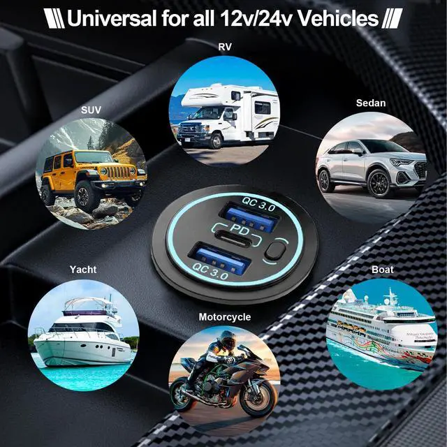 Alt view image 7 of 7 - 12v usb charger, PD 20W USB-C Power Socket and 18W QC3.0 Socket Waterproof Power Outlet 12V/24V with Power Switch 12V USB C Outlet for Car Golf Cart Boat Marine Bus Truck RV Marine Motorcycle etc.