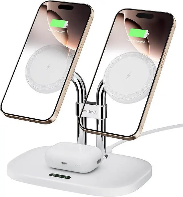 Main image of Dual Wireless Charger for iPhone 17, SwanScout 706M, White | Dual Magnetic Charger for iPhone Air/16/15/14/13/12 Series, Charging Station for AirPods Pro 3/2, AirPods 4/3
