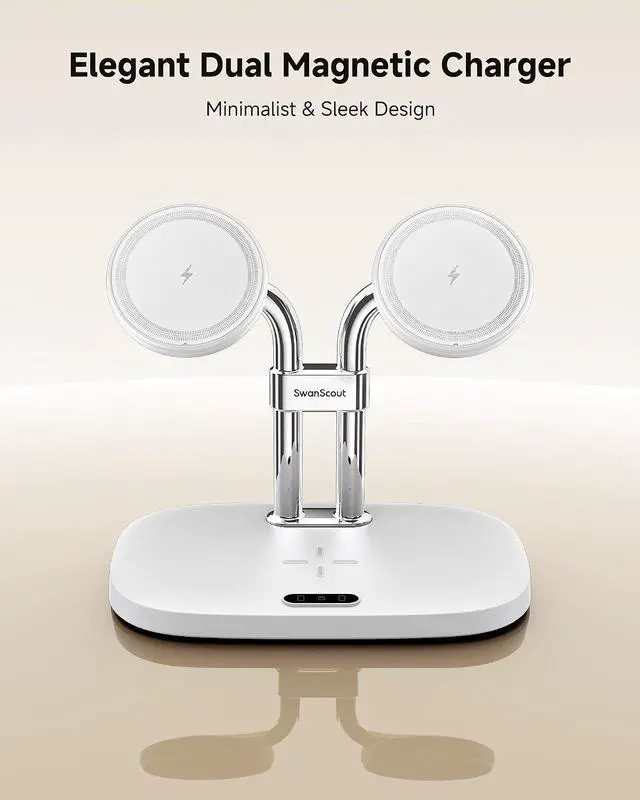Alt view image 6 of 7 - Dual Wireless Charger for iPhone 17, SwanScout 706M, White | Dual Magnetic Charger for iPhone Air/16/15/14/13/12 Series, Charging Station for AirPods Pro 3/2, AirPods 4/3