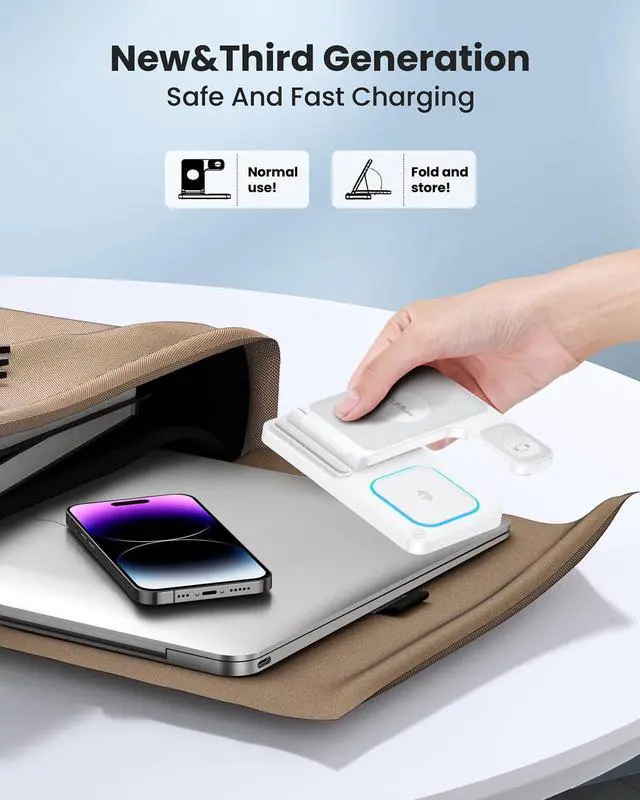 Alt view image 5 of 7 - 3 in 1 Wireless Charger for iPhone 16/15/14/13/12/11/Pro/Max/XS, Wireless Charging Station for Apple Devices, Charging Stand for Apple Watch Series S10, for AirPods 4/3/2/Pro/Pro 2(White)