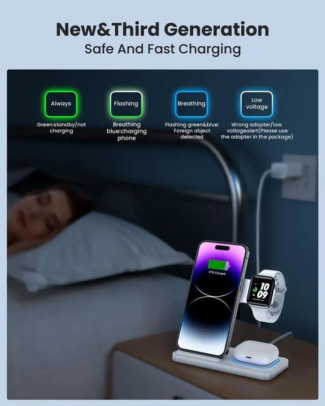 Alt view image 7 of 7 - 3 in 1 Wireless Charger for iPhone 16/15/14/13/12/11/Pro/Max/XS, Wireless Charging Station for Apple Devices, Charging Stand for Apple Watch Series S10, for AirPods 4/3/2/Pro/Pro 2(White)