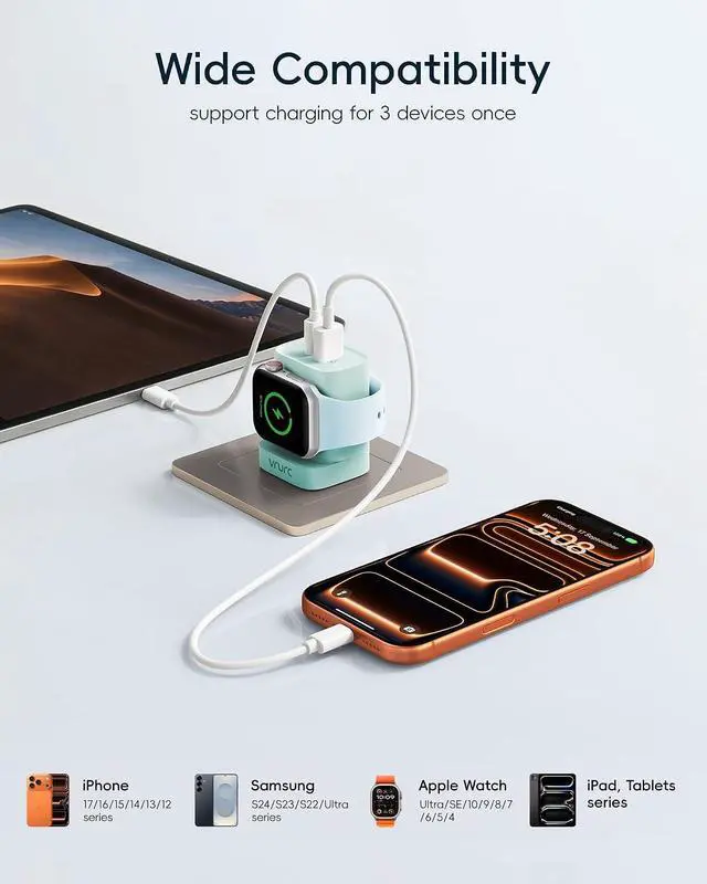 Alt view image 4 of 7 - VRURC Charger for Apple Watch, Built-in Wireless Magnetic Charging Station for iWatch SE/11/10/9/8/7/6/5/4, PD 20W USB C Charging Block, Foldable Wall Charger Fast for iPhone 17/16/15/14/13-Green