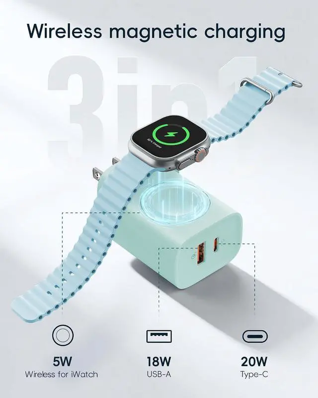 Alt view image 2 of 7 - VRURC Charger for Apple Watch, Built-in Wireless Magnetic Charging Station for iWatch SE/11/10/9/8/7/6/5/4, PD 20W USB C Charging Block, Foldable Wall Charger Fast for iPhone 17/16/15/14/13-Green
