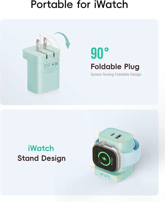 Alt view image 5 of 7 - VRURC Charger for Apple Watch, Built-in Wireless Magnetic Charging Station for iWatch SE/11/10/9/8/7/6/5/4, PD 20W USB C Charging Block, Foldable Wall Charger Fast for iPhone 17/16/15/14/13-Green