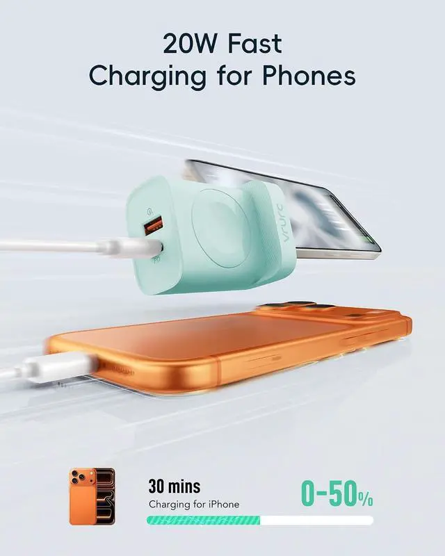Alt view image 3 of 7 - VRURC Charger for Apple Watch, Built-in Wireless Magnetic Charging Station for iWatch SE/11/10/9/8/7/6/5/4, PD 20W USB C Charging Block, Foldable Wall Charger Fast for iPhone 17/16/15/14/13-Green