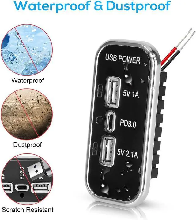 Alt view image 4 of 7 - Linkstyle 12V USB Outlet, Dual USB A & 18W USB C Fast Charger Socket Panel with LED Light Flush Mount for Car Marine RV Truck