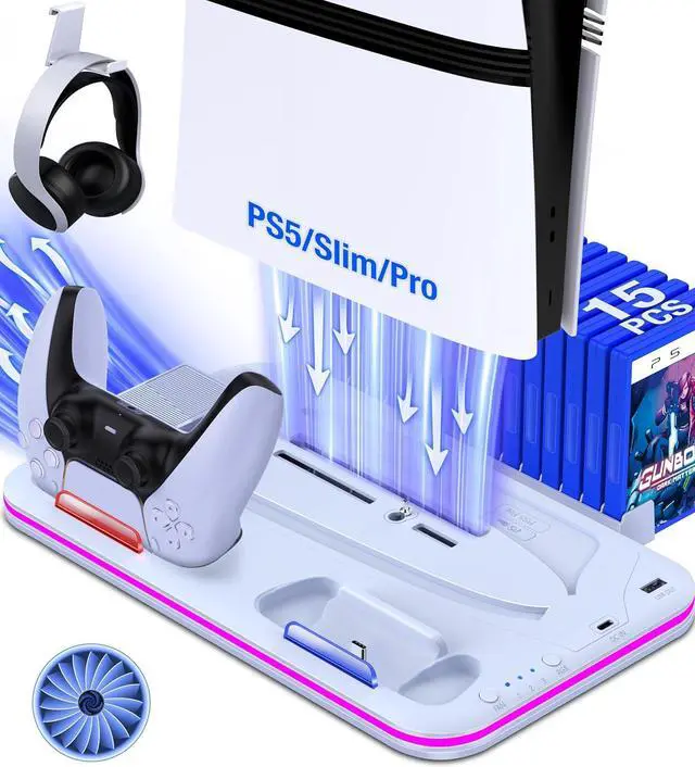 Main image of PS5/Slim/Pro Stand and Cooling Station with Controller Charging Station for PlayStation 5 Slim/Pro Console, PS5 Controller Charger, Cooling Stand, LED Light, Headset Holder for PS5 Accessories, White