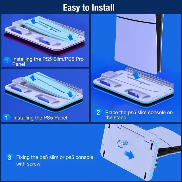 Alt view image 6 of 7 - PS5/Slim/Pro Stand and Cooling Station with Controller Charging Station for PlayStation 5 Slim/Pro Console, PS5 Controller Charger, Cooling Stand, LED Light, Headset Holder for PS5 Accessories, White