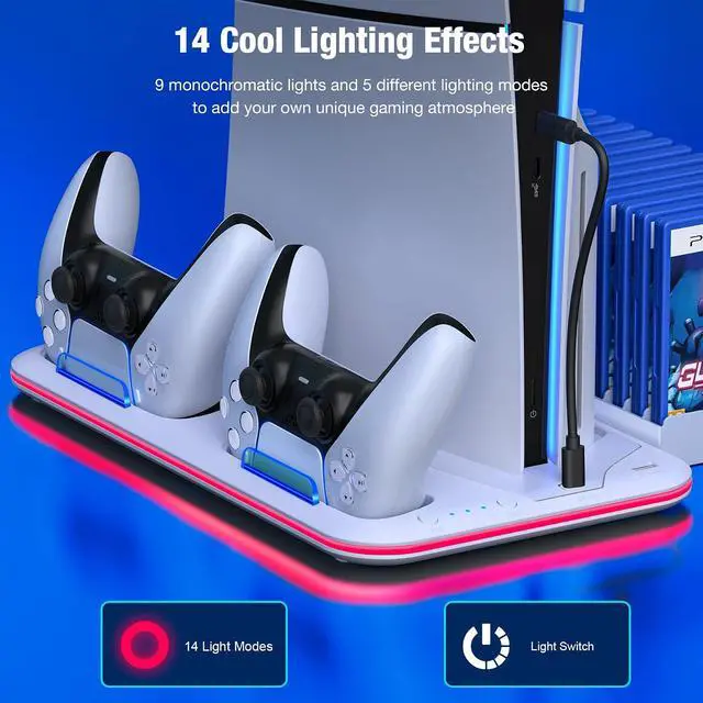 Alt view image 5 of 7 - PS5/Slim/Pro Stand and Cooling Station with Controller Charging Station for PlayStation 5 Slim/Pro Console, PS5 Controller Charger, Cooling Stand, LED Light, Headset Holder for PS5 Accessories, White