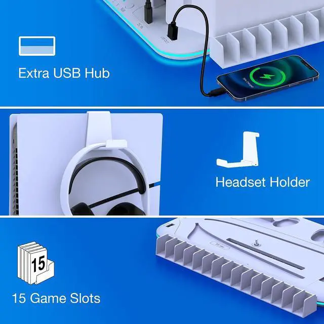 Alt view image 7 of 7 - PS5/Slim/Pro Stand and Cooling Station with Controller Charging Station for PlayStation 5 Slim/Pro Console, PS5 Controller Charger, Cooling Stand, LED Light, Headset Holder for PS5 Accessories, White