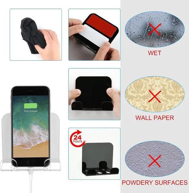 Alt view image 6 of 7 - Cosmos 2 Pcs Wall Mount Phone Holder, Smartphone Charging Stand Wall Rack, Bedside Organizer Storage Bracket Compatible with Most Phones and Mini Tablets for Home Office Bedroom Living Room