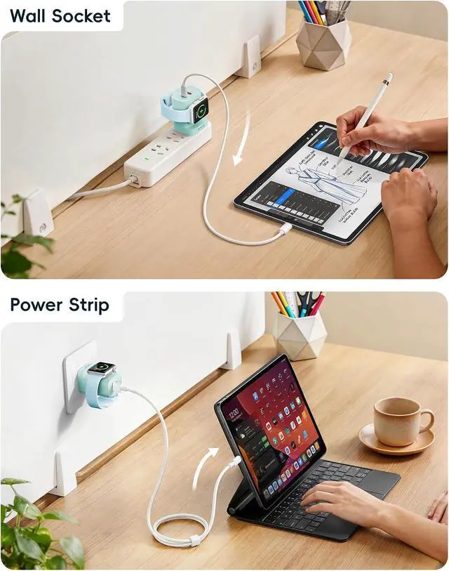 Alt view image 6 of 7 - VRURC Charger for Apple Watch, Built-in Wireless Magnetic Charging Station for iWatch SE/11/10/9/8/7/6/5/4, PD 20W USB C Charging Block, Foldable Wall Charger Fast for iPhone 17/16/15/14/13-Green