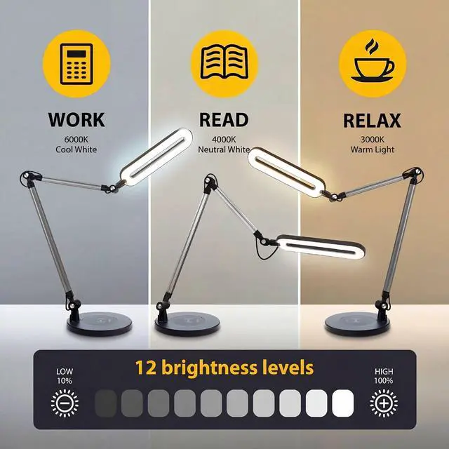 Alt view image 7 of 7 - OTUS LED Architect Desk Lamp for Home Office, Adjustable Swing Arm | Built-in 10 W Qi Wireless Charger in Base, 11.8 in LED panel, 3 Color Temperatures, Stepless dimming, Memory function