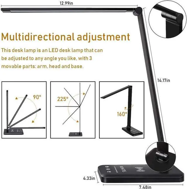 Alt view image 4 of 7 - LED Desk Lamp with Wireless Charger,Touch Lamp for Home Office Dorm | Dimmable Eye-Caring Lamp,5 Color Modes & 5 Brightness,Metal Lamp Desktop Lamp for Study,Work,Reading,30/60 Minutes Timer