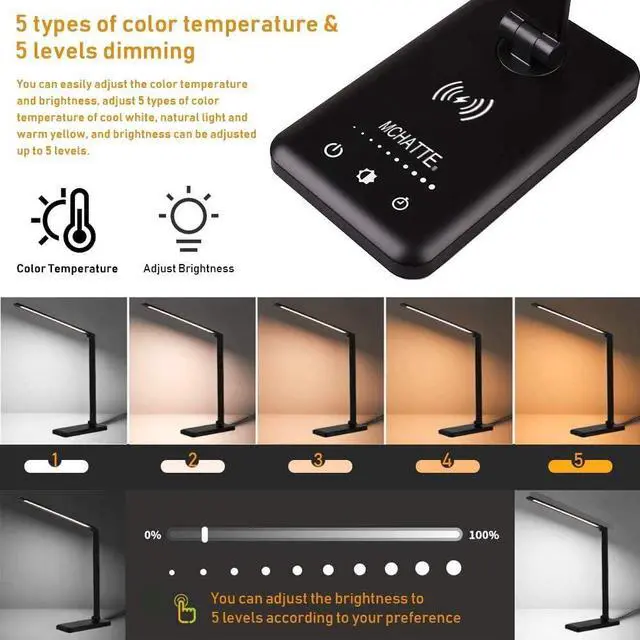 Alt view image 5 of 7 - LED Desk Lamp with Wireless Charger,Touch Lamp for Home Office Dorm | Dimmable Eye-Caring Lamp,5 Color Modes & 5 Brightness,Metal Lamp Desktop Lamp for Study,Work,Reading,30/60 Minutes Timer