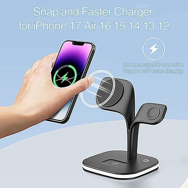 Alt view image 2 of 7 - EXW Wireless Charging Station for Magsafe Charger,Charging Station for Multiple Devices,Wireless Charger for iPhone 17 Air 16 15 14 13 12,Apple Watch,AirPods with LED(Black)